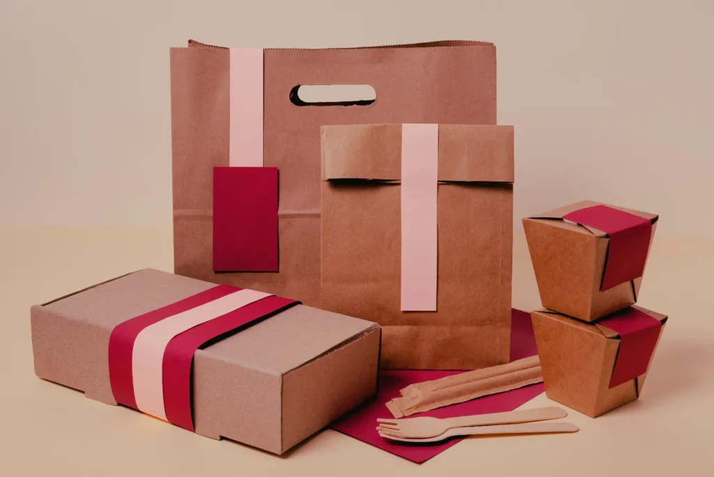 Various biodegradable packaging materials including plant-based plastics, compostable food containers, and eco-friendly shipping boxes